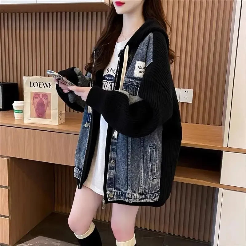 Women's Chic Black Denim Jacket-Winter 2024 Hooded Graphic Outerwear.