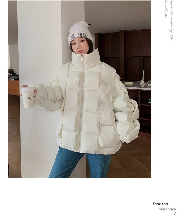Women's Oversized Puffer Jacket - Warm Cotton Filled Winter Coat with Stand Collar