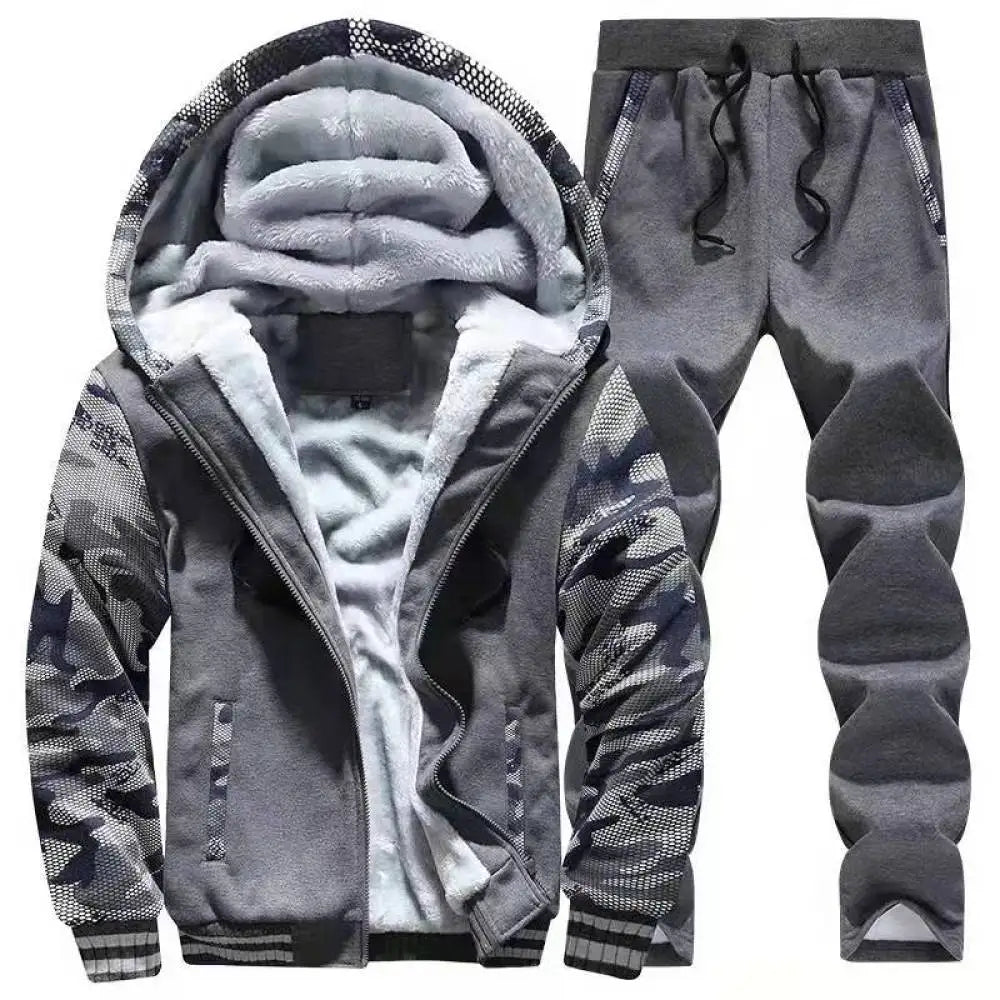 Men's Winter Polyester Set - Warm Hooded Jacket Pants