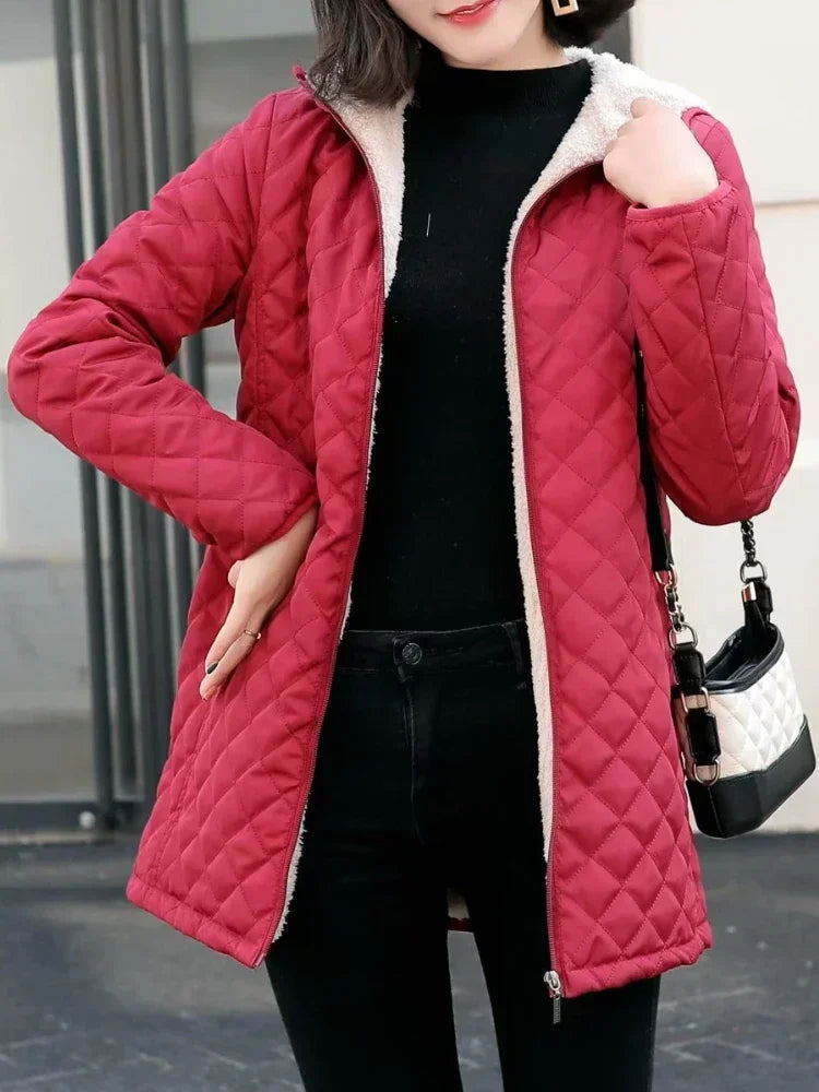 Women's Oversized Winter Jacket - Lamb Down Lined Hooded Parka with Cashmere Blend.