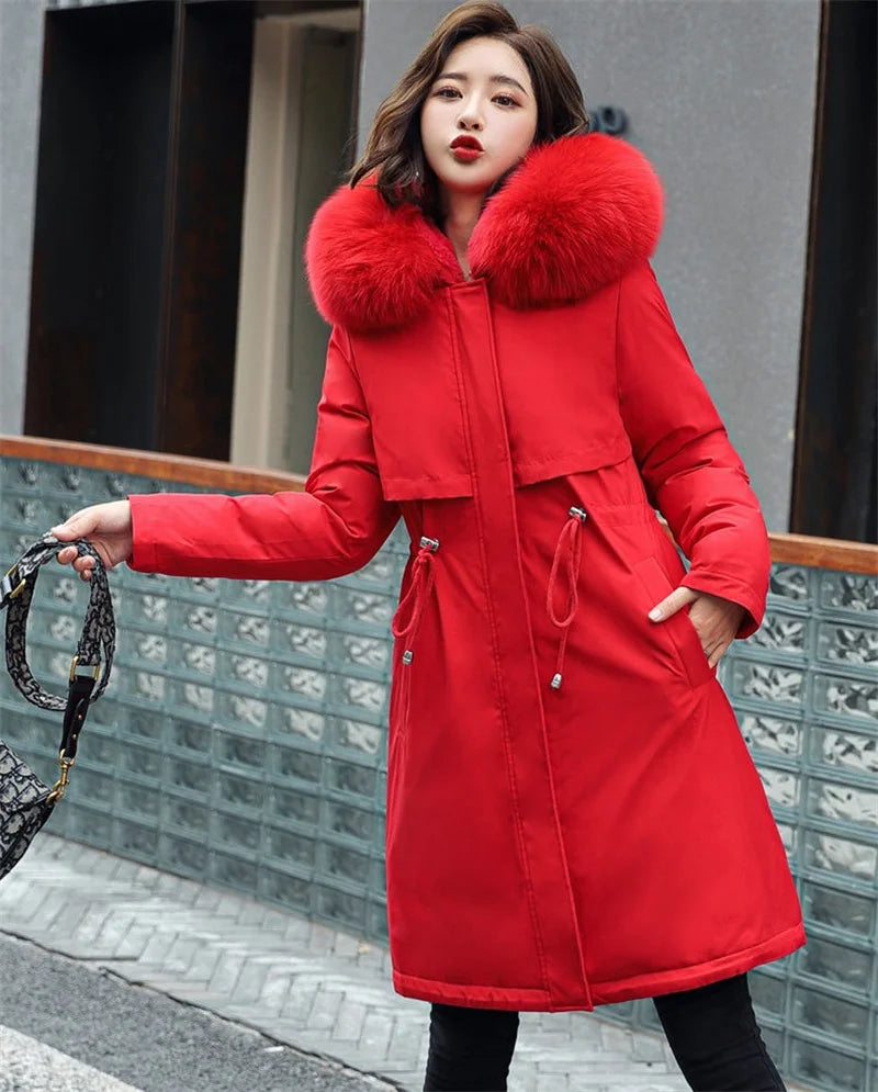 Women's Luxe Winter Parka: Thick Padded Coat with Wool Liner & Fur-Trimmed Hood-Stylish Snow Wear in Cotton-Polyester Blend.
