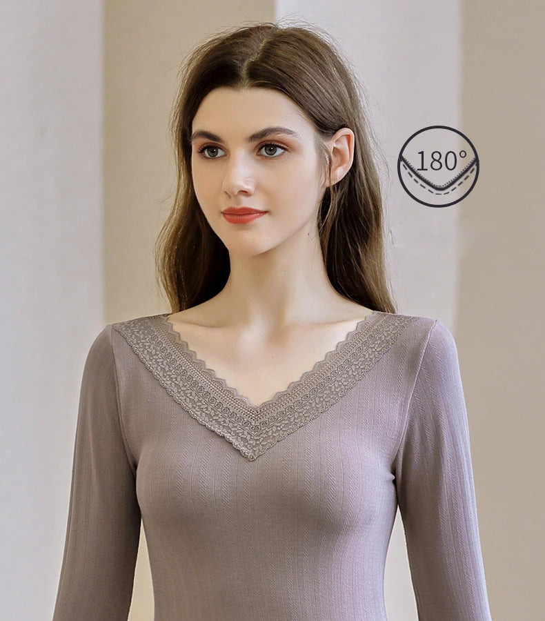 Women's Winter Lace Thermal Underwear Set: Long Sleeve V-Neck Blouse & Slim Fit Pants for Cozy Autumn Style.