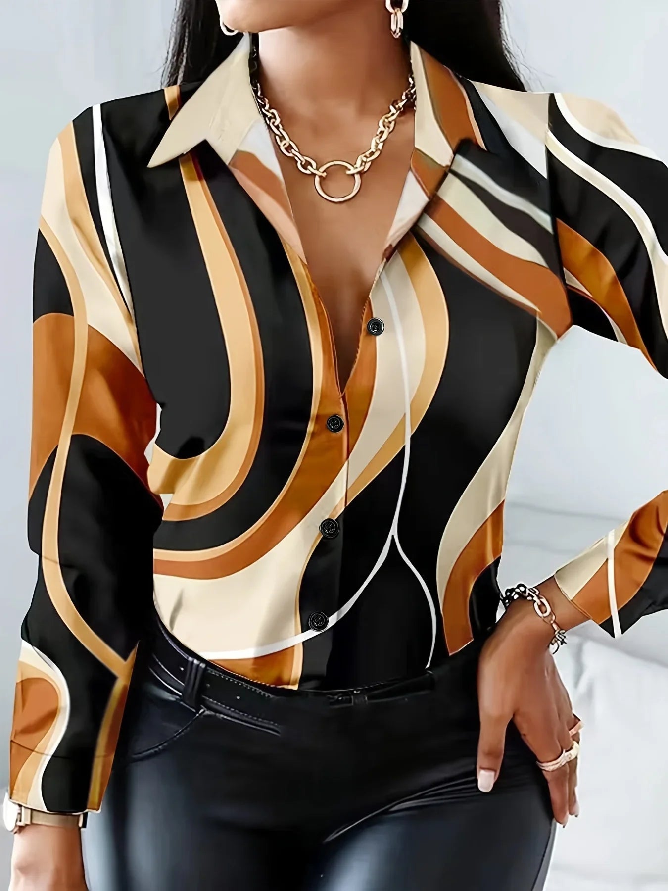 Women's Bold Striped Print Shirt - Long Sleeve Button-Up Blouse for Spring Summer