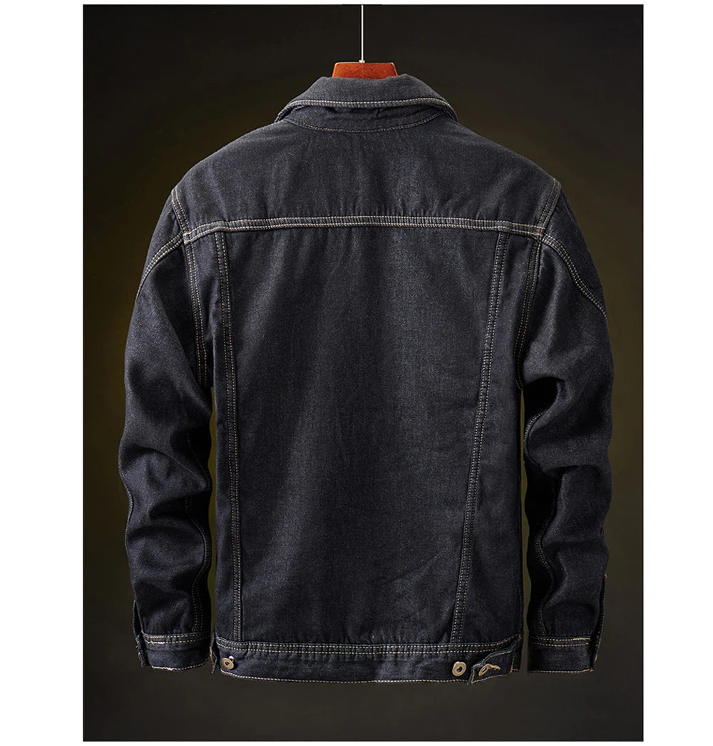 Men's Retro Denim Jacket - Warm Fleece-Lined Punk Streetwear Coat for Winter Adventures.