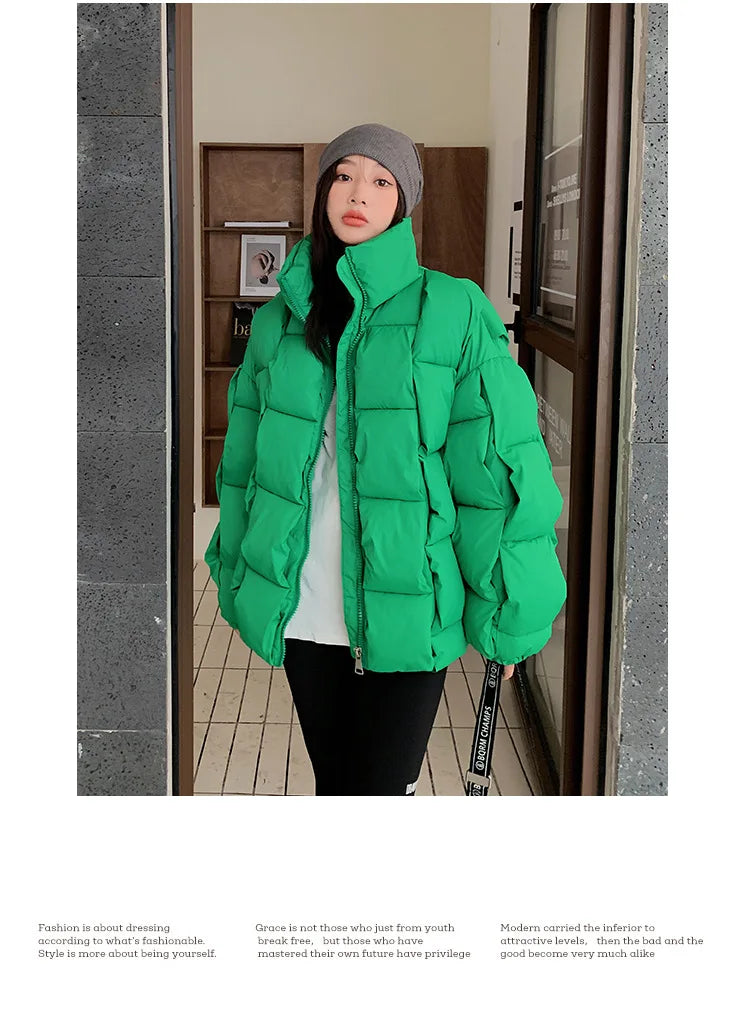 Women's Oversized Puffer Jacket - Warm Cotton Filled Winter Coat with Stand Collar