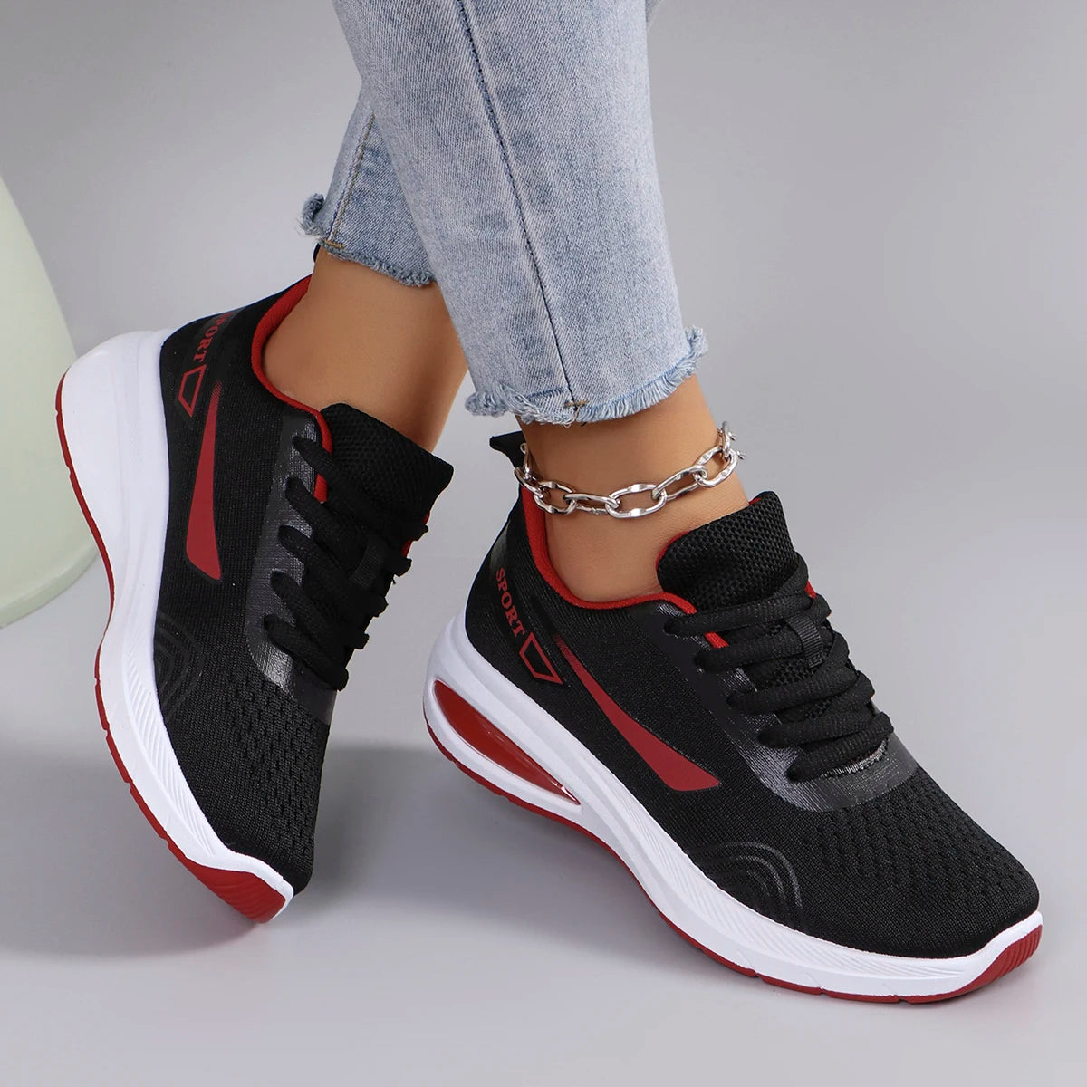 Women's Air Cushion Lace-Up Sneakers – Breathable Mesh Color-Block Running Style Shoes with Rubber Sole