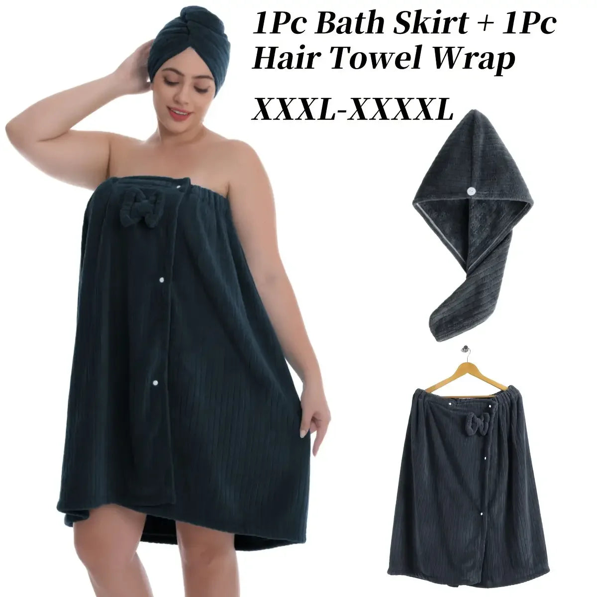 Women's Striped Bath Wrap & Hair Cap Set - Plus Size 2-Piece Luxury Robe, XXXL-XXXXL Adjustable Woven Towel