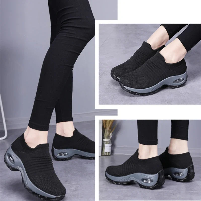 Women's Orthopedic Air Cushion Sneakers - Breathable Mesh Slip-On Platform Walking Shoes - Lightweight Non-Slip Tennis Shoes