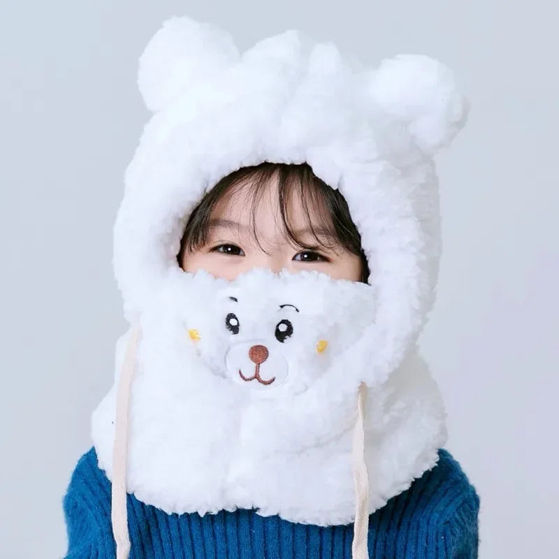 Unisex Kids Bear Ears Hood Hat Scarf Mask - Winter Plush Ear Protection Cap