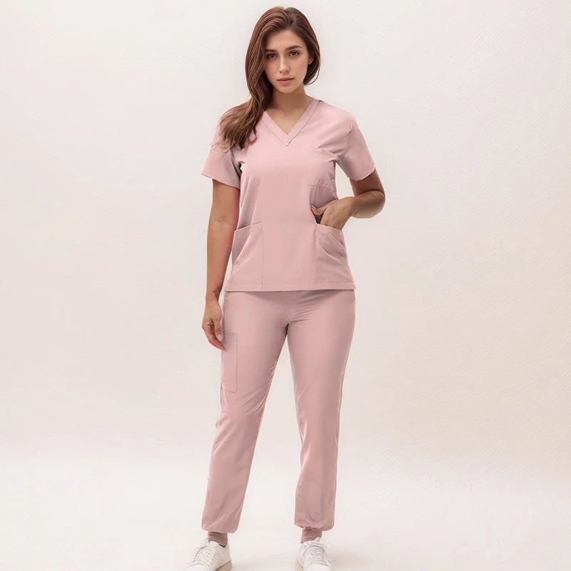 Women's 2025 New Nurse Uniforms: V-Neck Top & Jogger Pants Scrub Set - Experience Ultimate Comfort & Flexibility with 95% Polyester & 5% Spandex for Healthcare Professionals