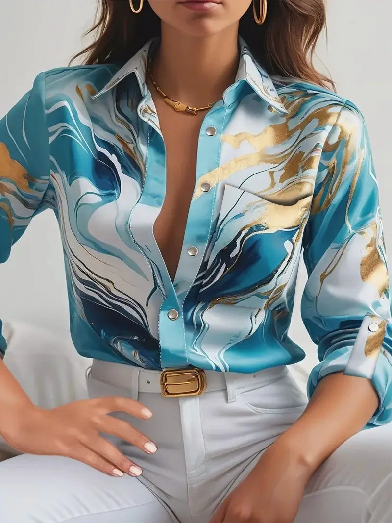 Women's Nowsaa Abstract Print Button-Down Blouse — Long Sleeve Turn-Down Collar Casual Office Top | Vintage Broadcloth Shirt for Spring & Summer