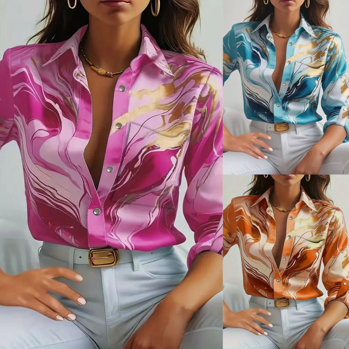Women's Nowsaa Abstract Print Button-Down Blouse — Long Sleeve Turn-Down Collar Casual Office Top | Vintage Broadcloth Shirt for Spring & Summer