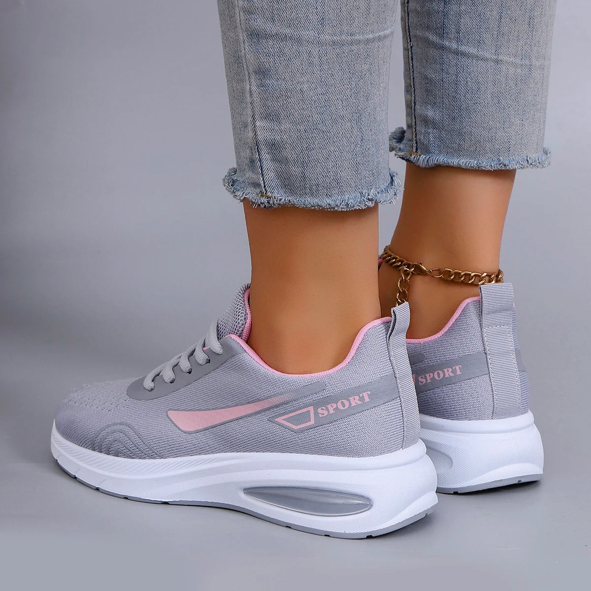 Women's Air Cushion Lace-Up Sneakers – Breathable Mesh Color-Block Running Style Shoes with Rubber Sole