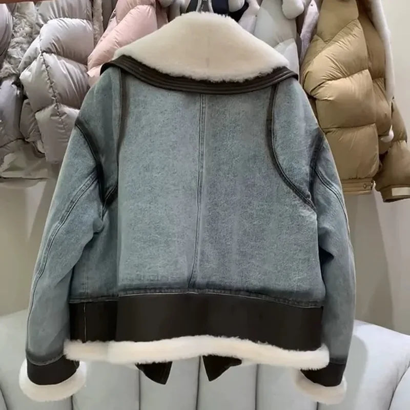 Women’s Premium Denim Winter Jacket - Natural Sheep Leather, White Fur Collar & Goose Down Lining