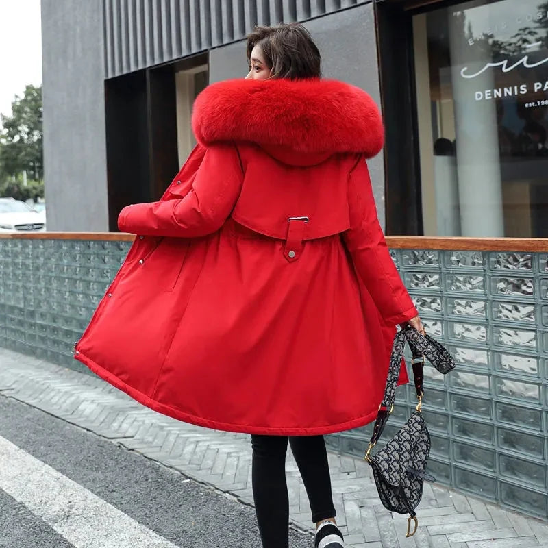 Women's Luxe Winter Parka: Thick Padded Coat with Wool Liner & Fur-Trimmed Hood-Stylish Snow Wear in Cotton-Polyester Blend.