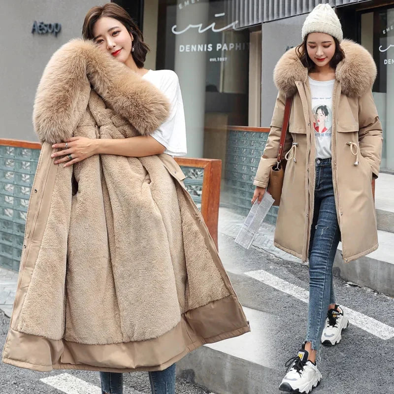 Women's Luxe Winter Parka: Thick Padded Coat with Wool Liner & Fur-Trimmed Hood-Stylish Snow Wear in Cotton-Polyester Blend.