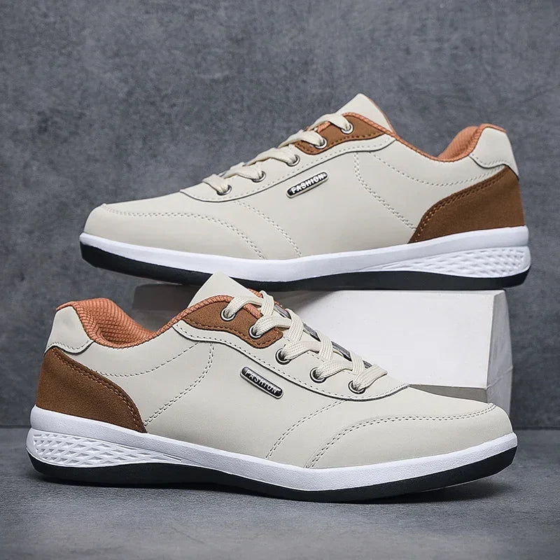 Men's Two-Tone Leather Casual Sneakers — Lightweight Lace-Up Stitching Walking Shoes | EVA Sole Non-Slip Street Style Trainers for Spring & Autumn