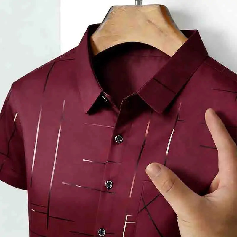 Men's 2026 Geometric Line Print Shirt Short Sleeve with Chest Pocket | 100% Cotton Button-Up Business Casual Daily Office Fashion Top.