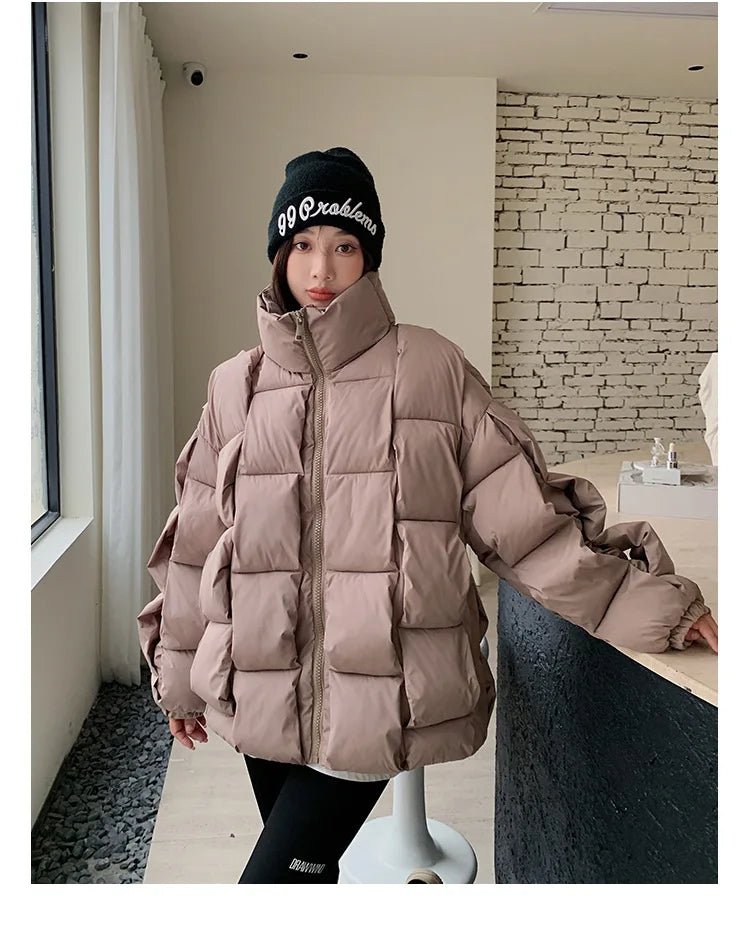 Women's Oversized Puffer Jacket - Warm Cotton Filled Winter Coat with Stand Collar