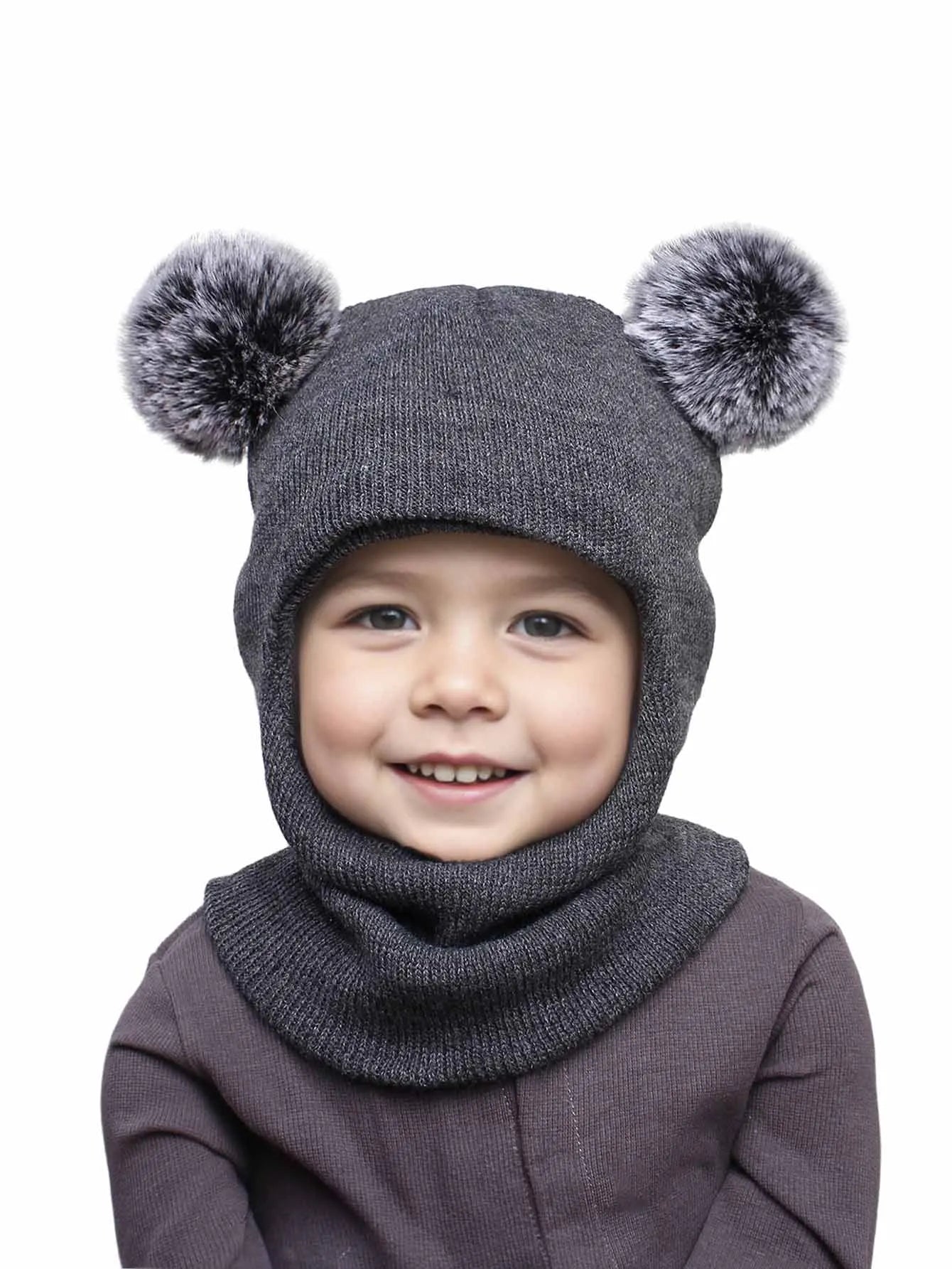 Unisex Adorable Kids Pom Pom Winter Hood - Knitted Hat & Scarf Combo | Cotton Ear-Protecting Balaclava
