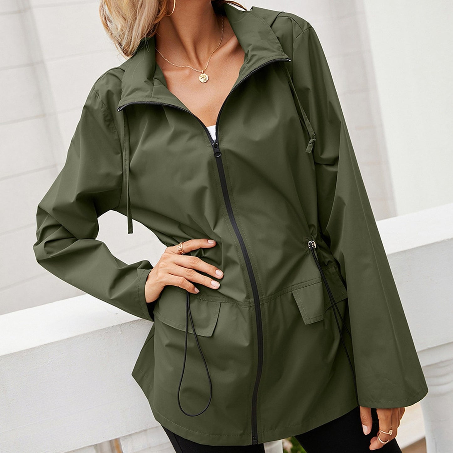 Women's Asymmetric Hooded Windproof Jacket — Plus Size Streetwear Zip-Up Coat with Flare Sleeves