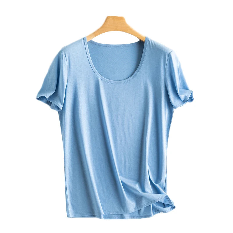 Eesswel Women's V-Neck Silk-Blend T-Shirt | Soft Breathable Summer Tee | Casual Short Sleeve Solid Top – Multiple Colors