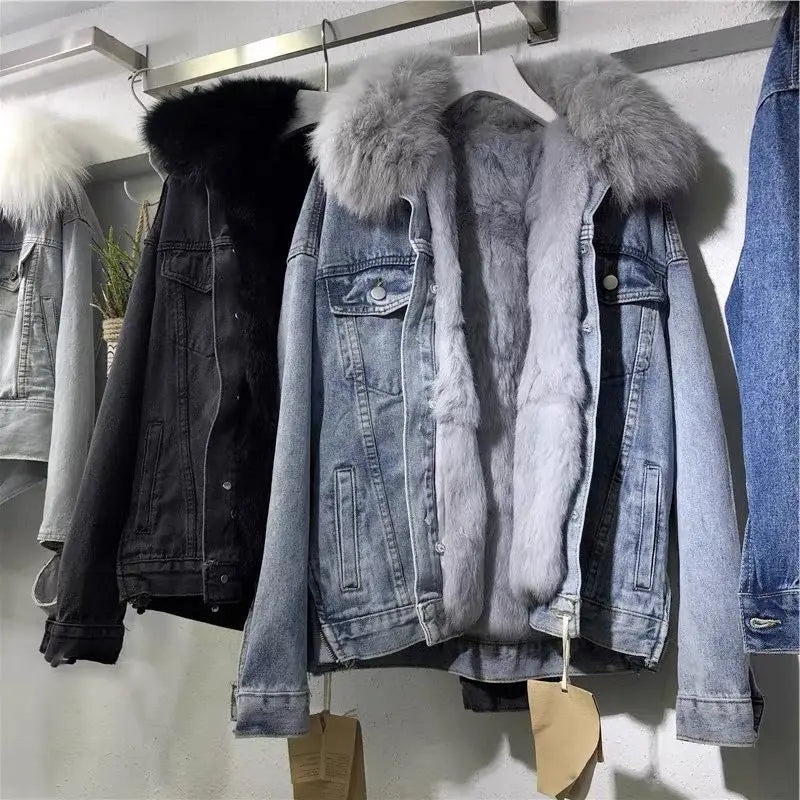 Women's Chic Winter Denim Jacket: Fleece-Lined with Big Fur Collar & Motorcycle Style