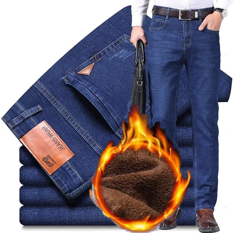Men's 2024 Winter Fleece-Lined Casual Jeans - Regular Fit