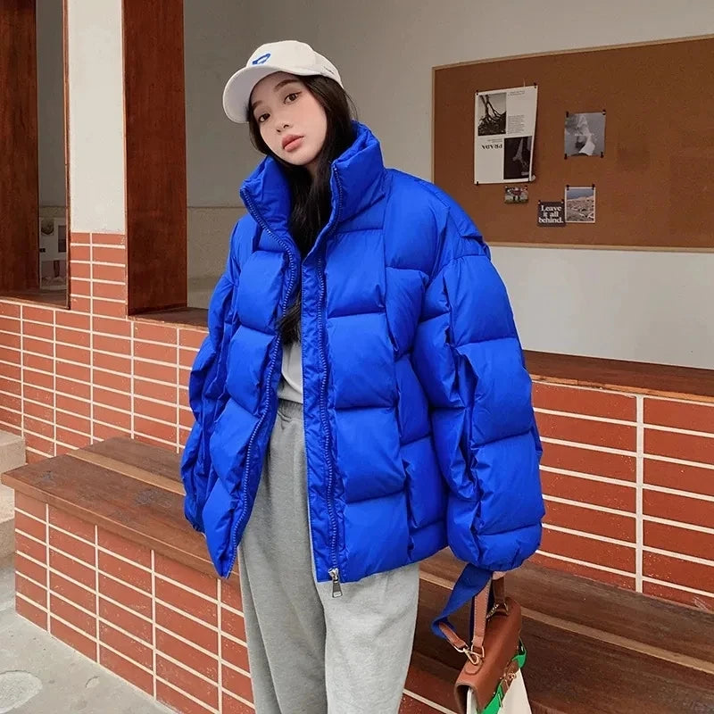 Women's Oversized Puffer Jacket - Warm Cotton Filled Winter Coat with Stand Collar