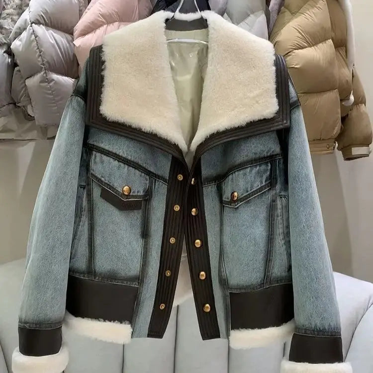 Women’s Premium Denim Winter Jacket - Natural Sheep Leather, White Fur Collar & Goose Down Lining