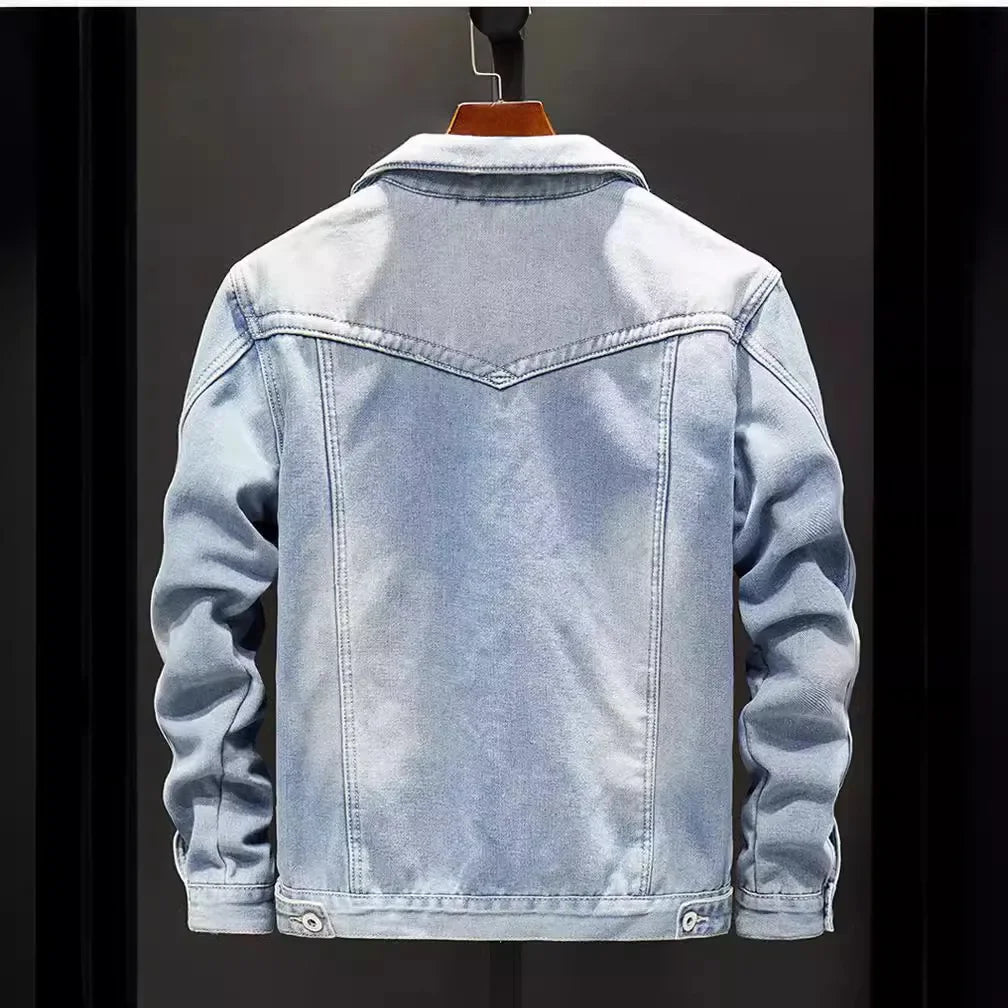 Men's Washed Denim Jacket - Casual Single Breasted Cardigan with Turn Down Collar & Pockets