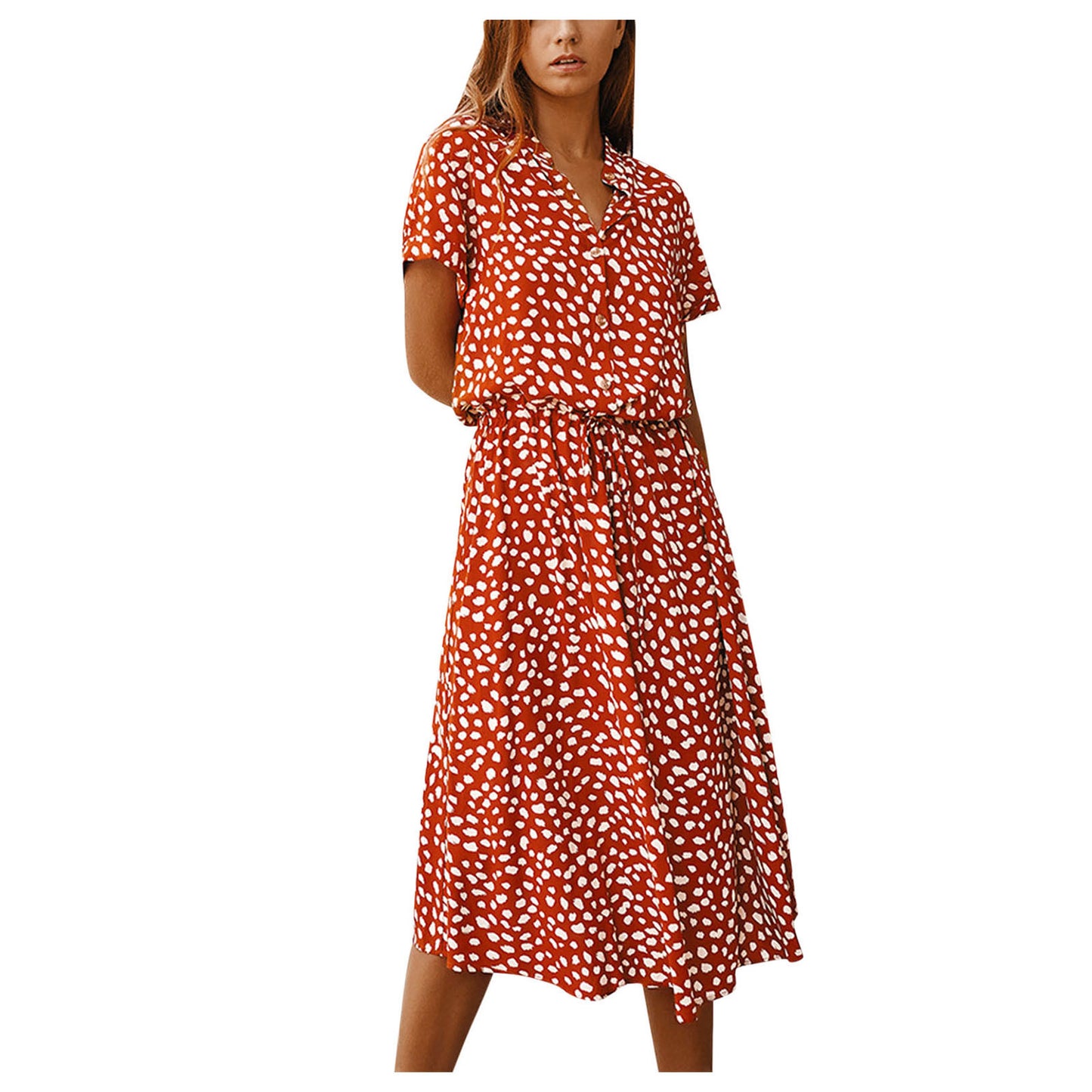 Women's Polka Dot Midi Dress – Slim Fit A-Line Casual Summer Dress with Drawstring Waist