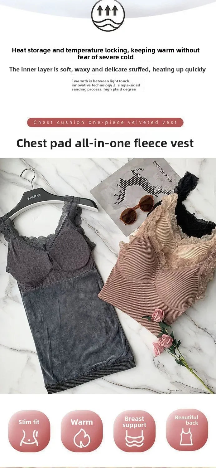 Women's Sleek & Stylish Thermal Lace Vest with Padded Bra for Winter Warmth.