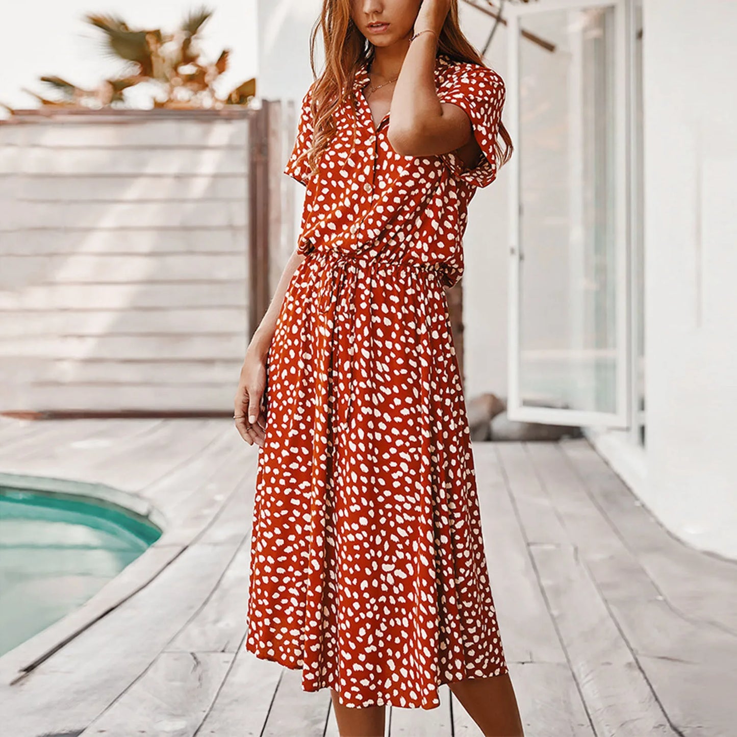 Women's Polka Dot Midi Dress – Slim Fit A-Line Casual Summer Dress with Drawstring Waist
