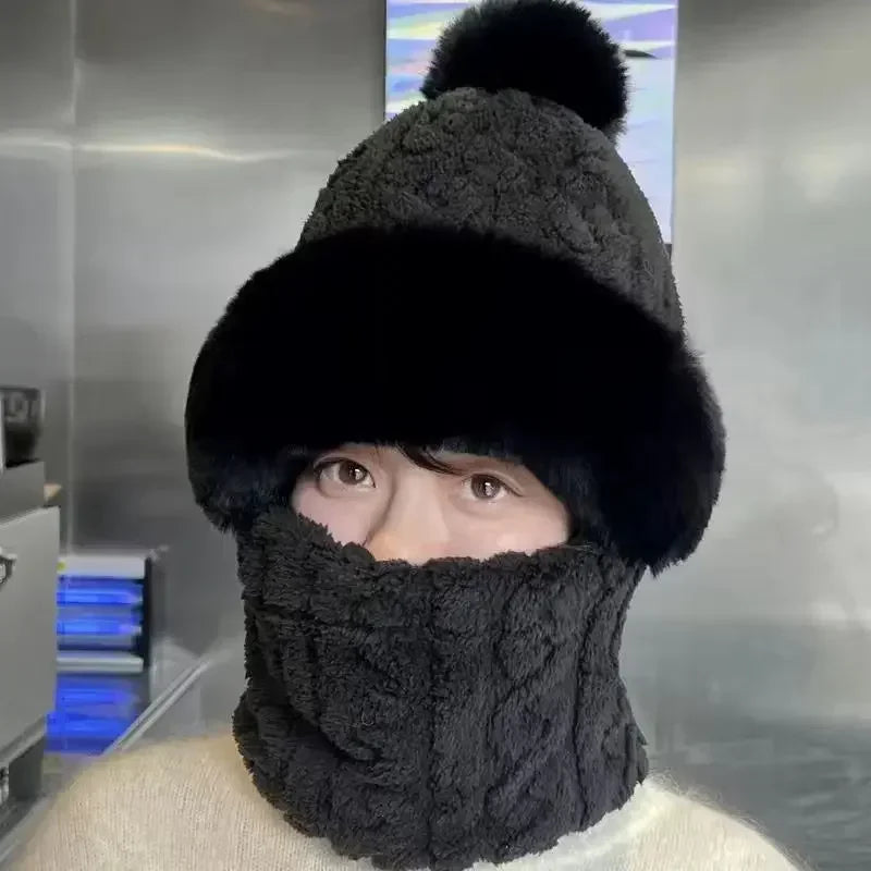 Women's Winter Pom Pom Beanie Hat Scarf Mask - One-Piece Fleece Bonnet