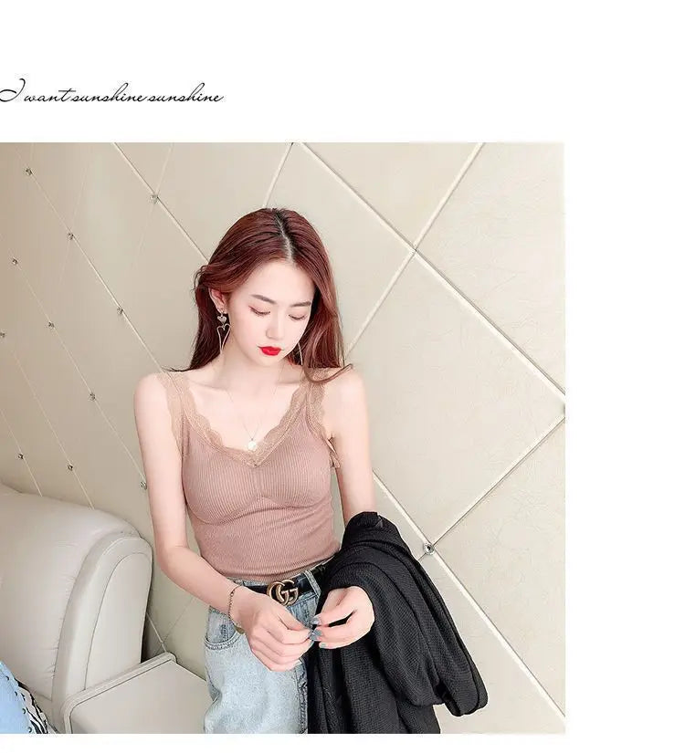 Women's Sleek & Stylish Thermal Lace Vest with Padded Bra for Winter Warmth.