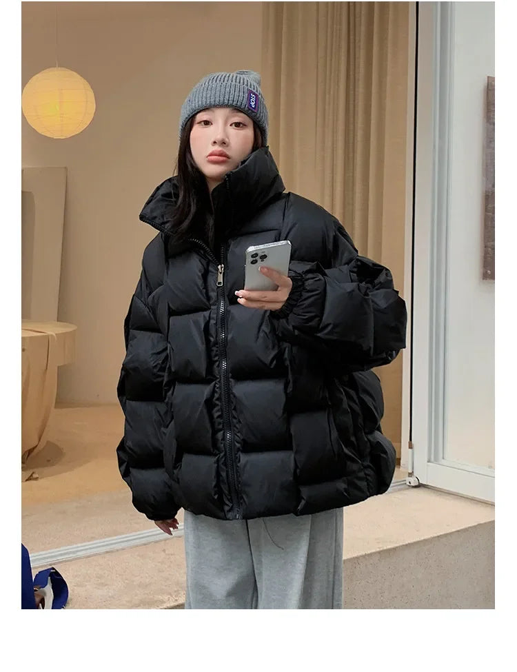 Women's Oversized Puffer Jacket - Warm Cotton Filled Winter Coat with Stand Collar