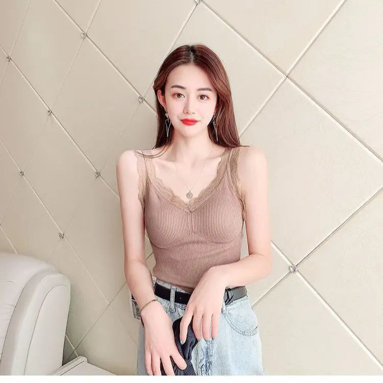 Women's Sleek & Stylish Thermal Lace Vest with Padded Bra for Winter Warmth.