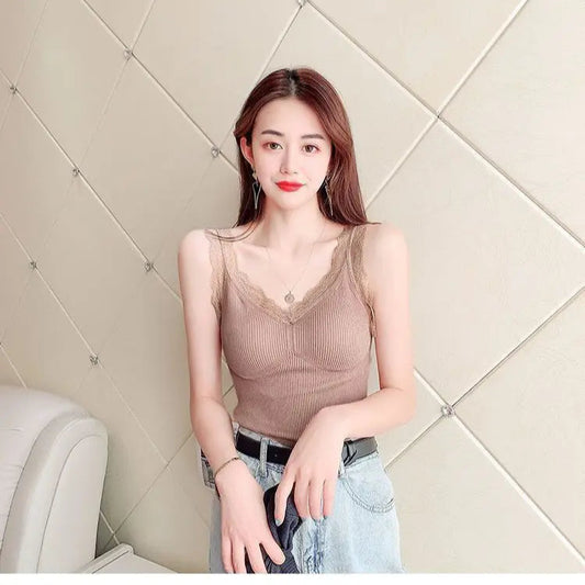Women's Sleek & Stylish Thermal Lace Vest with Padded Bra for Winter Warmth.