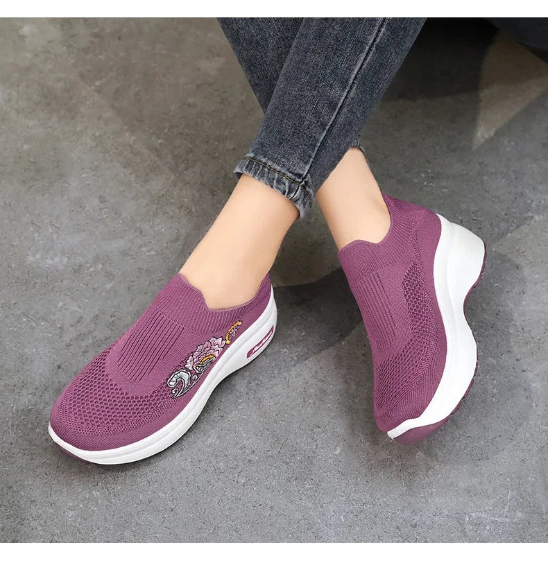 Women's Floral Embroidered Platform Slip-On Sneakers – Lightweight Mesh Walking Shoes with Cushioned Sole