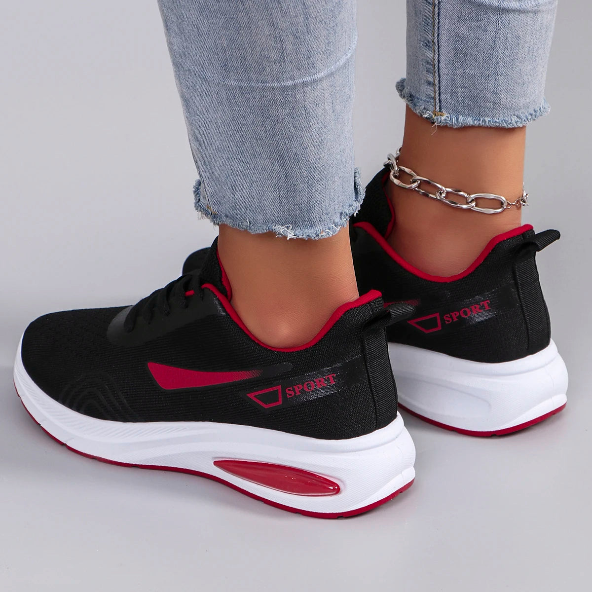 Women's Air Cushion Lace-Up Sneakers – Breathable Mesh Color-Block Running Style Shoes with Rubber Sole