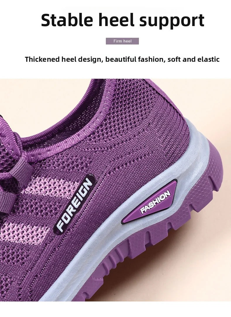 Close-up showcases a purple, breathable walking shoe featuring a thickened heel design and stable heel support, emphasizing its comfort and fashion.
