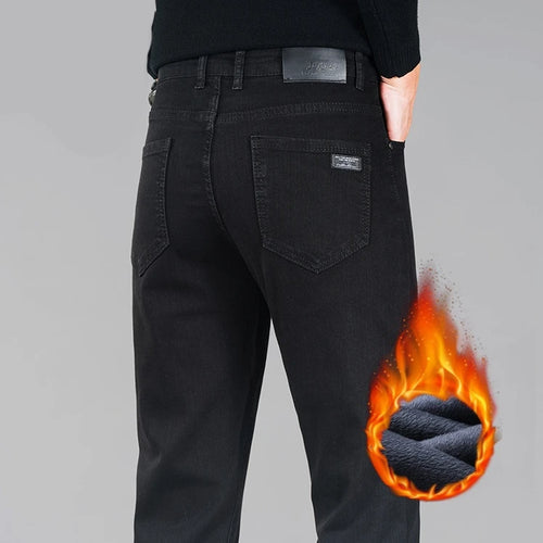 Men's Winter Fleece Lined Jeans - Warm Black Loose Fit"