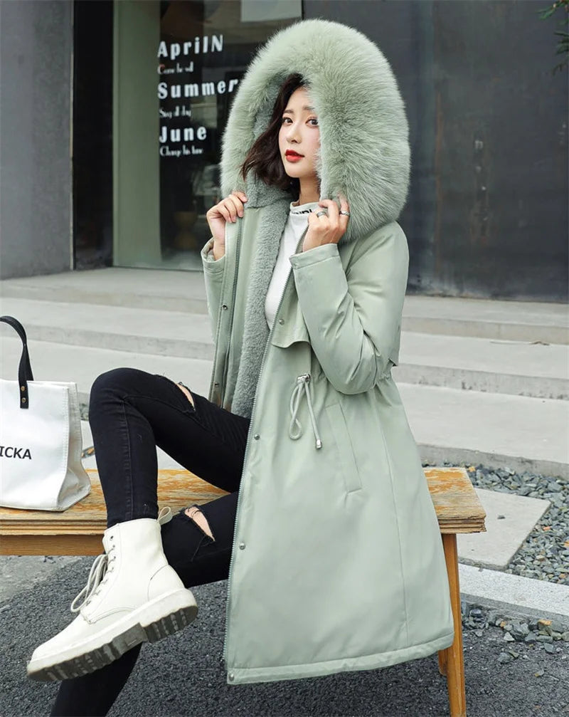 Women's Luxe Winter Parka: Thick Padded Coat with Wool Liner & Fur-Trimmed Hood-Stylish Snow Wear in Cotton-Polyester Blend.