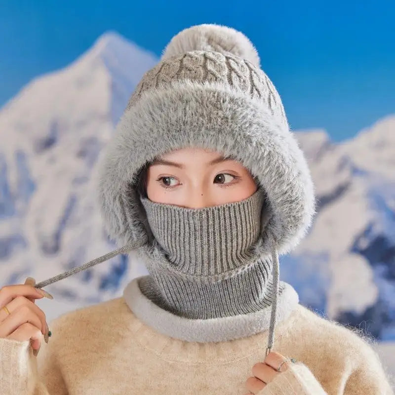 Women's 3-in-1 Winter Beanie Scarf Mask Set - Windproof Plush-Lined Faux Fur