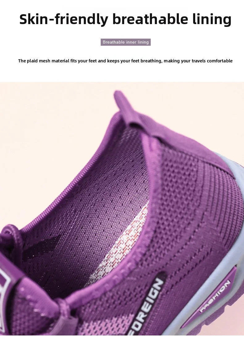Close-up reveals the breathable mesh lining of a purple comfort walking shoe.
