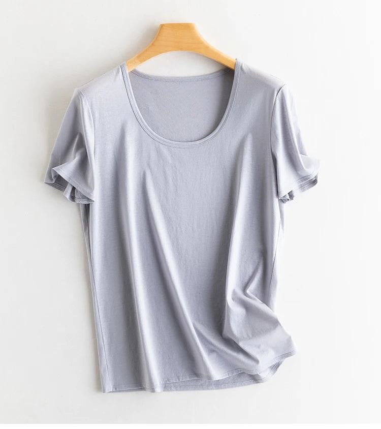 Eesswel Women's V-Neck Silk-Blend T-Shirt | Soft Breathable Summer Tee | Casual Short Sleeve Solid Top – Multiple Colors