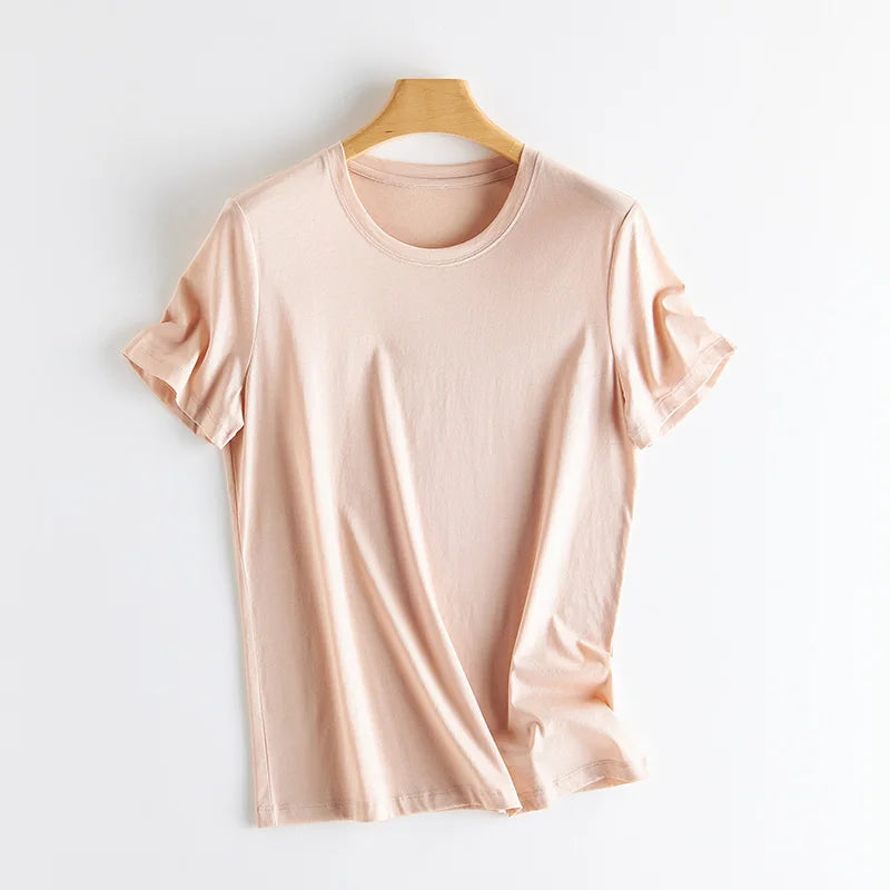 Eesswel Women's V-Neck Silk-Blend T-Shirt | Soft Breathable Summer Tee | Casual Short Sleeve Solid Top – Multiple Colors