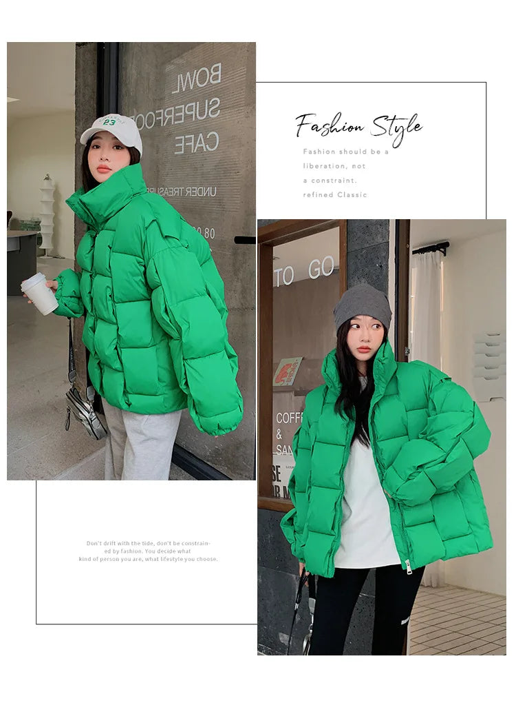 Women's Oversized Puffer Jacket - Warm Cotton Filled Winter Coat with Stand Collar