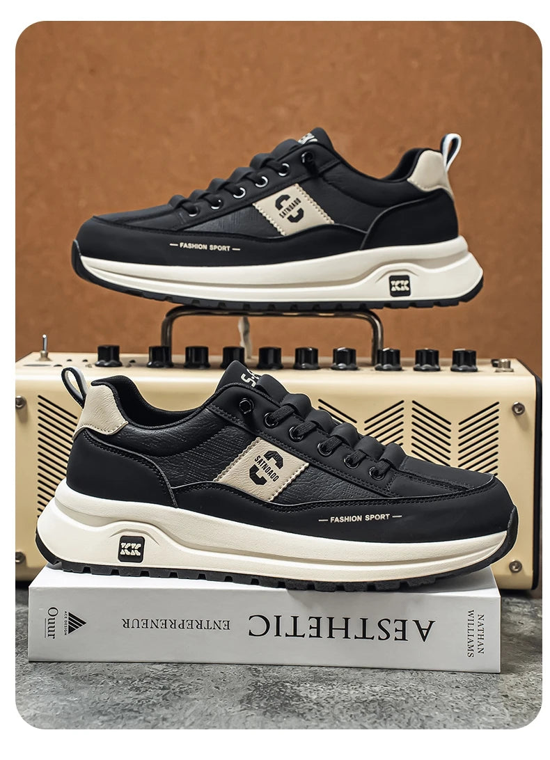 Men's Bonded Leather Lace-Up Casual Sneakers – Breathable Comfort, Non-Slip Rubber Outsole | Fashion Running Style | Black, Beige & Grey | Spring/Autumn